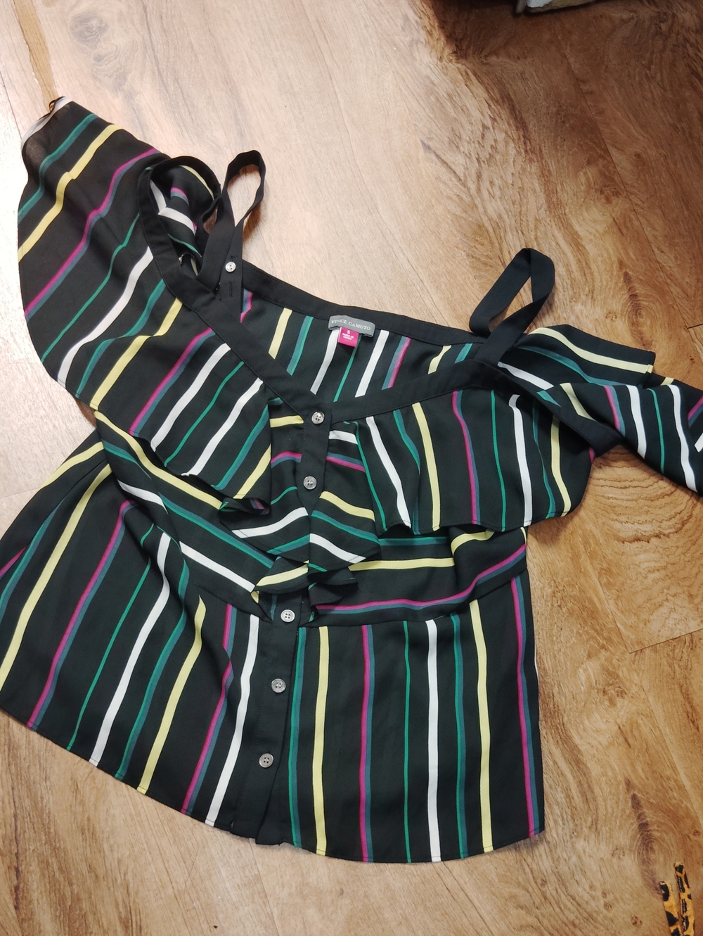Vince Camuto Black Off-Shoulder Striped Ruffle Top